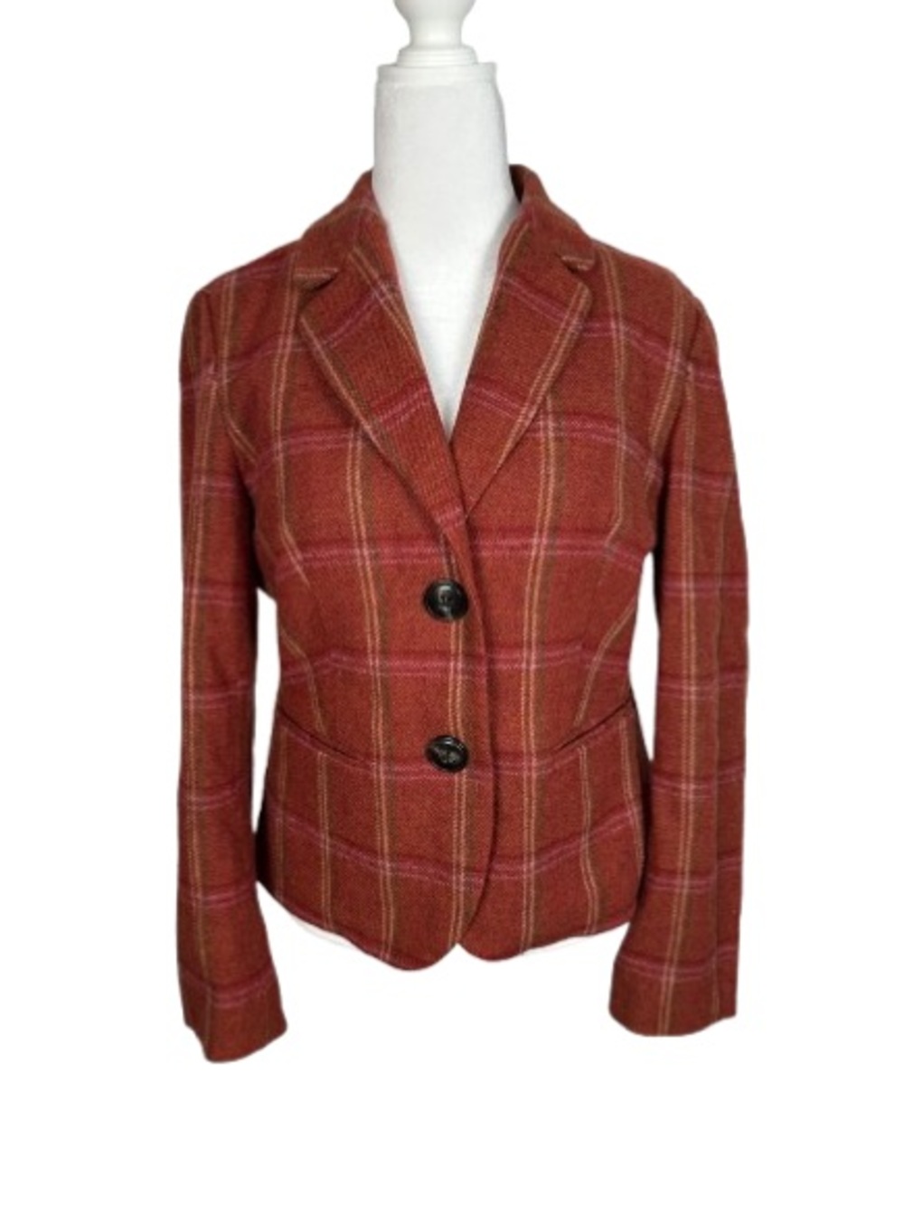 Talbots 100% Wool Rust Plaid Notched Lapel Blazer Size 14